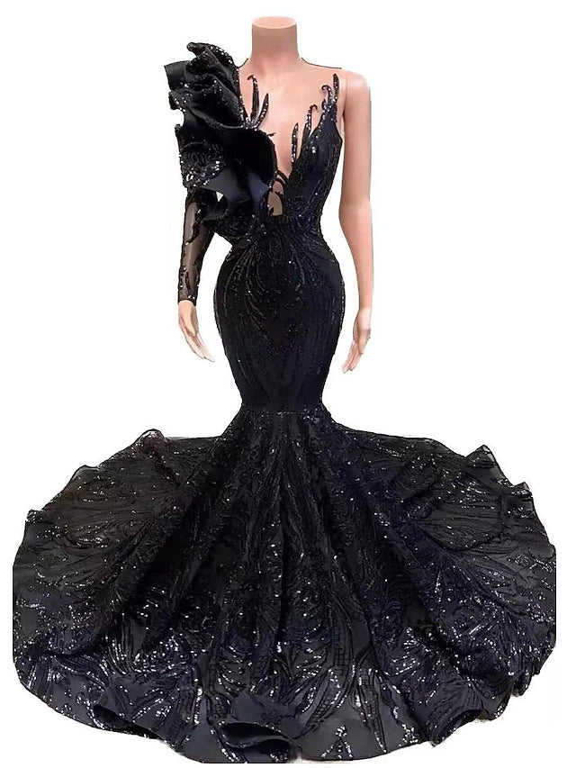 Meerjungfrau/Trompete Abendkleid Blumenkleid Formelle Kapellenschleppe Langarm Eine Schulter Afroamerikaner Pailletten mit Pailletten